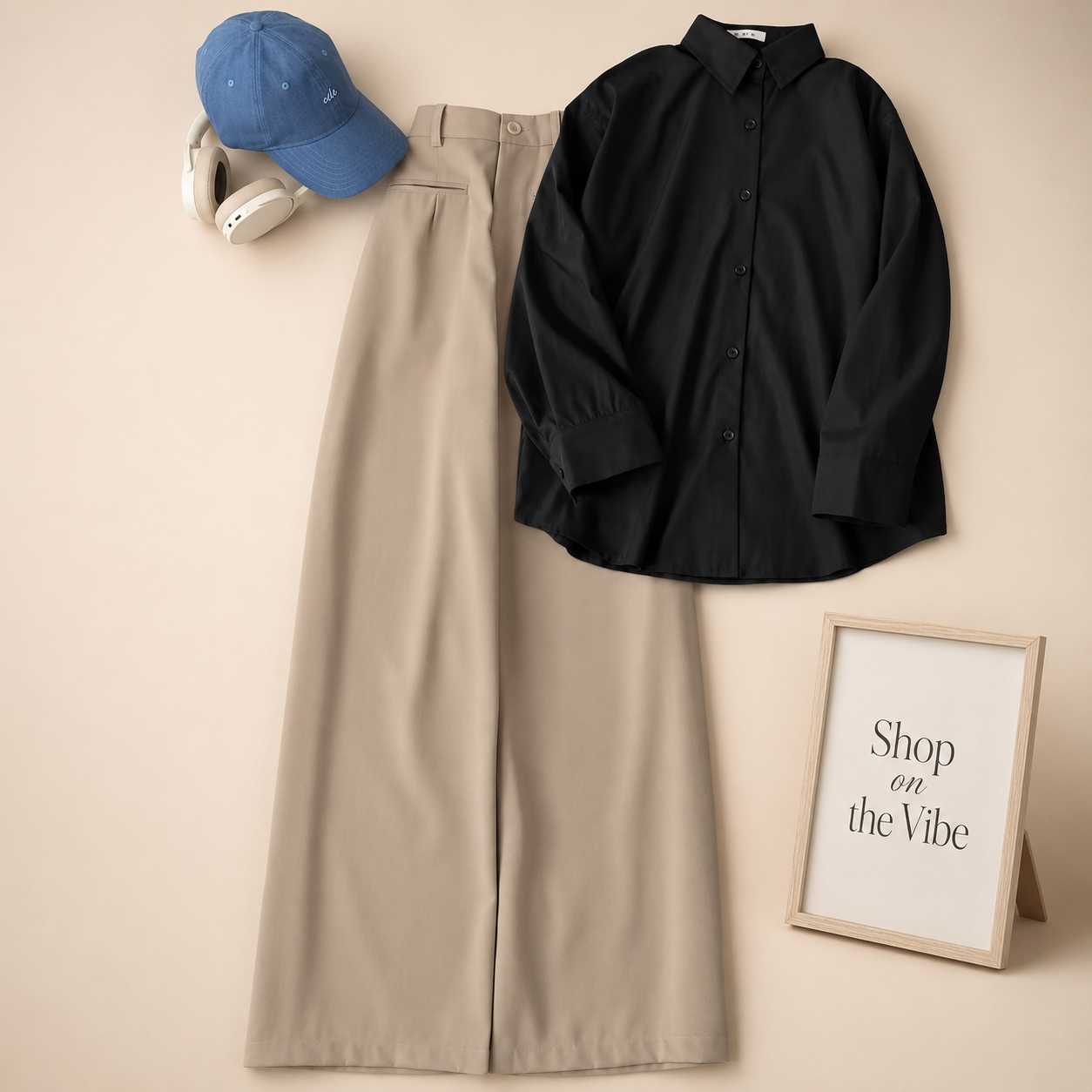 BLACK BUTTON SHIRT WITH BEIGE WIDE LEG JEANS