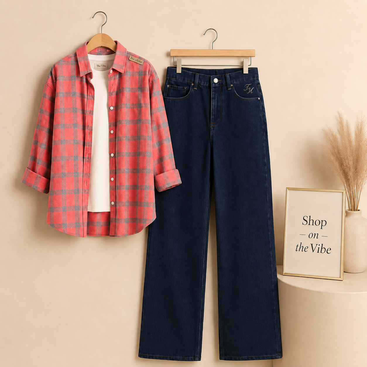 PINK GREY CHECK SHIRT WHITE INNER T-SHIRTS WITH DARK MID BLUE WIDE LEG JEANS (3Pcs)