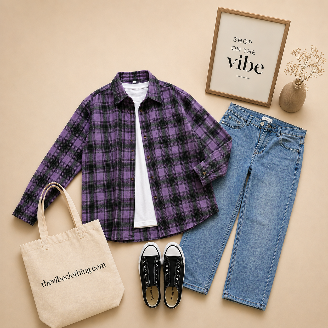 LILAC CHECK SHIRT INNER T-SHIRTS WITH SKY BLUE WIDE LEG JEANS (3Pcs)