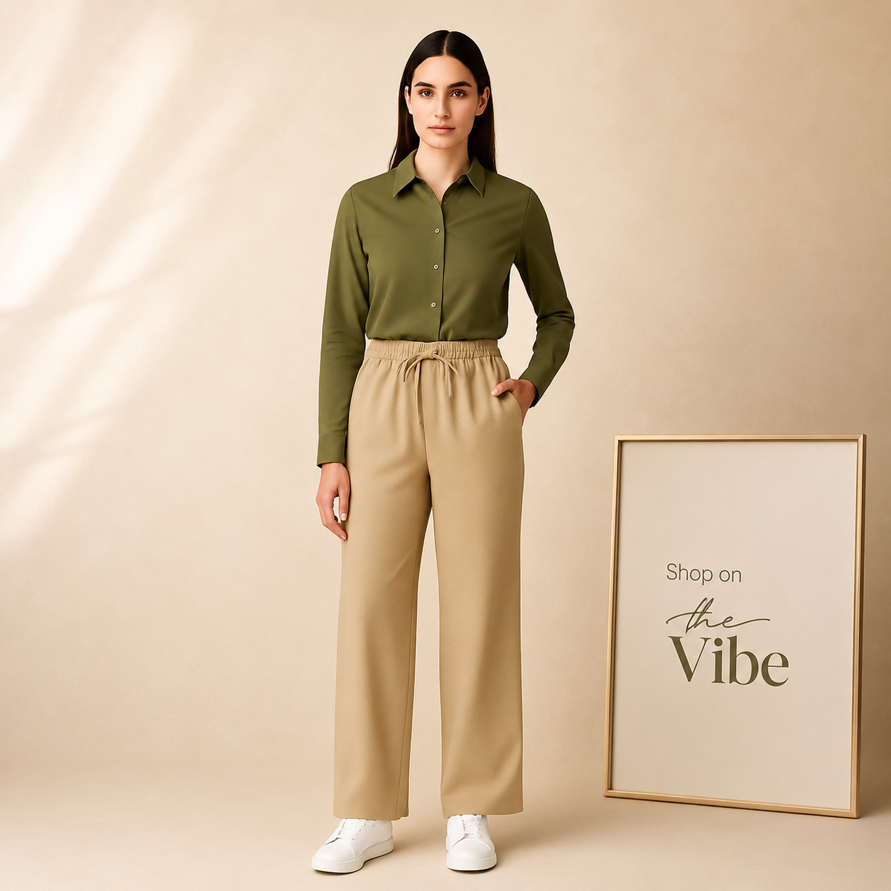 OLIVE GREEN BUTTON DOWN SHIRT WITH BEIGE FLAPPER