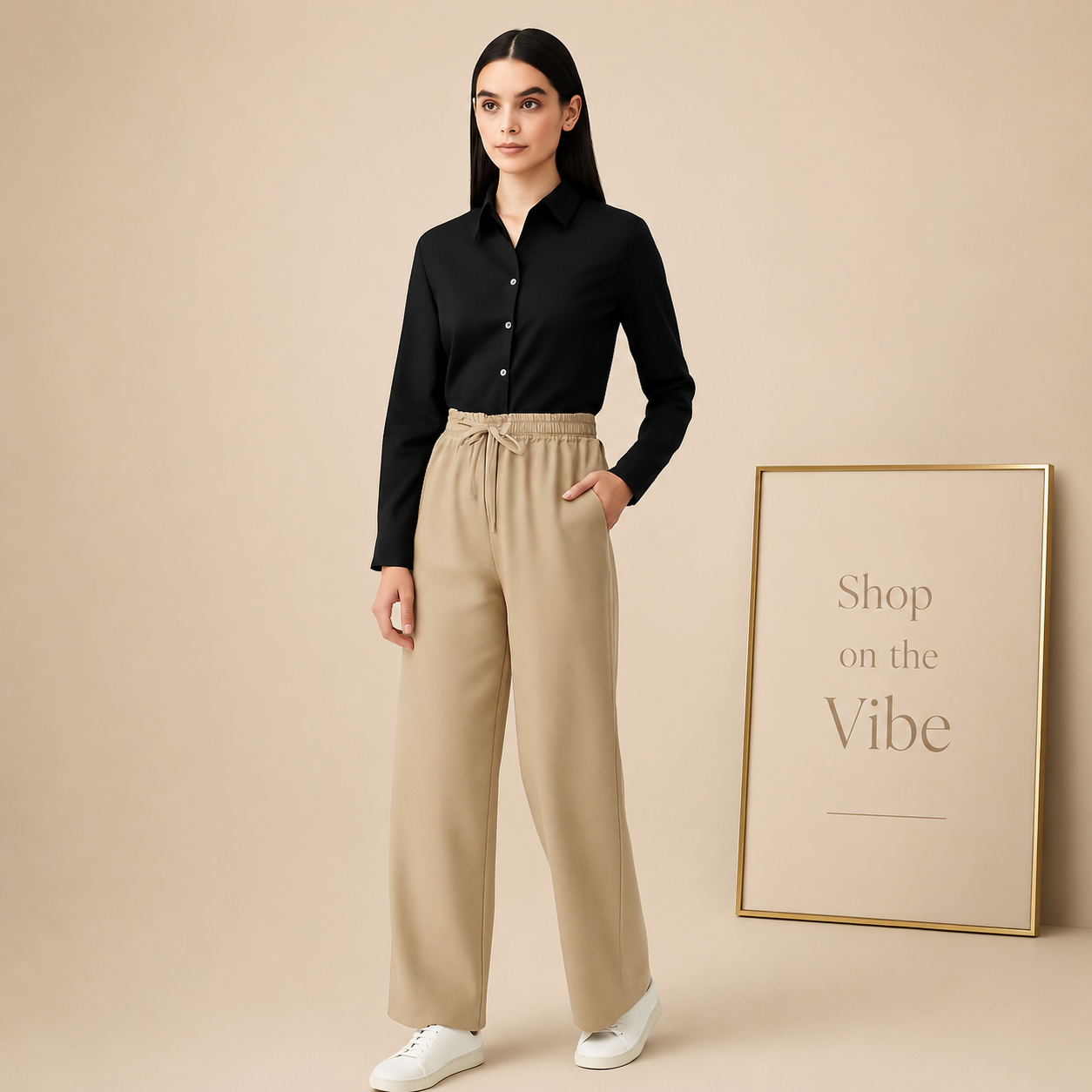 BLACK BUTTON DOWN SHIRT WITH BEIGE FLAPPER