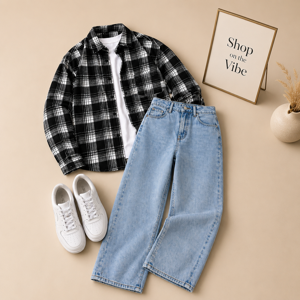 BLACK CHECK SHIRT WHITE INNER T-SHIRTS WITH SKY BLUE WIDE LEG JEANS (3Pcs)