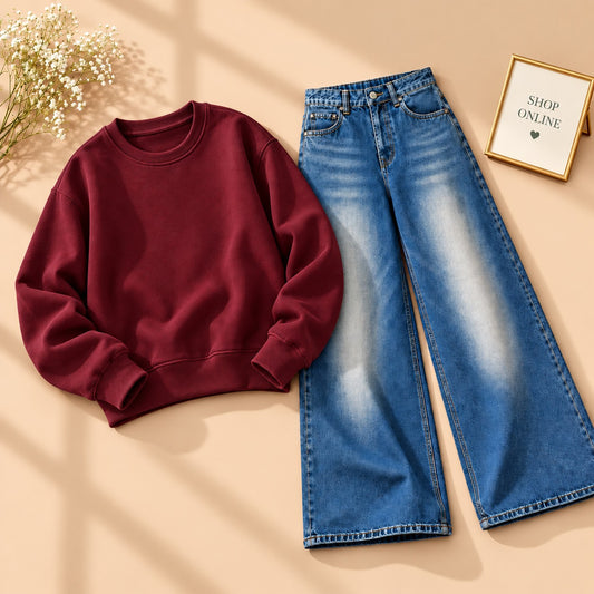 MAROON SWEATSHIRT WITH VINTAGE DARK BLUE FADED JEANS