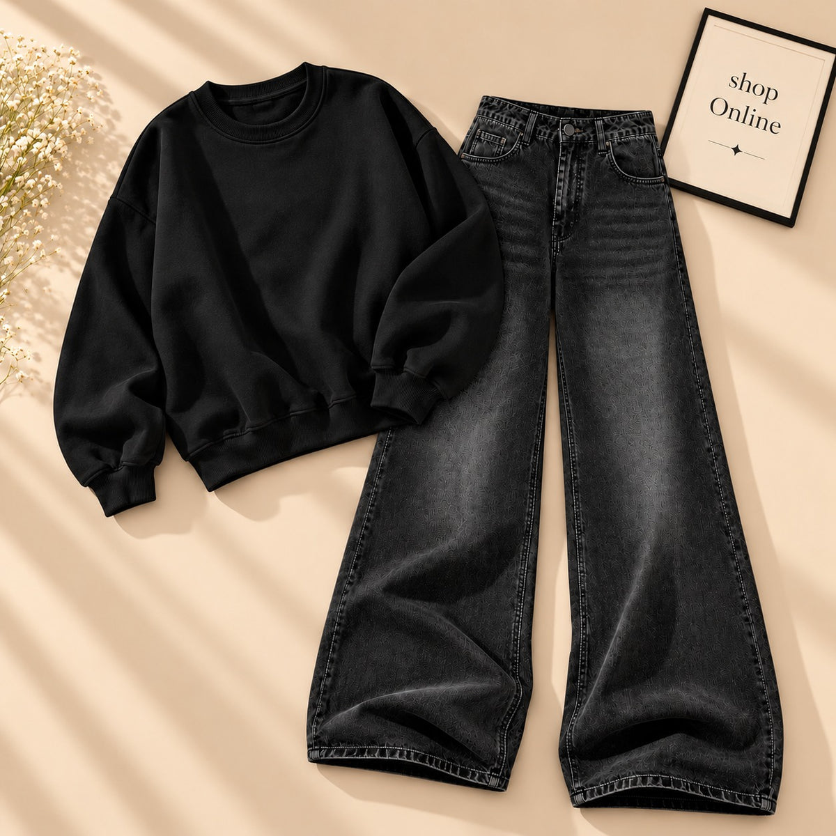 BLACK SWEATSHIRT WITH VINTAGE BLACK FADED JEANS