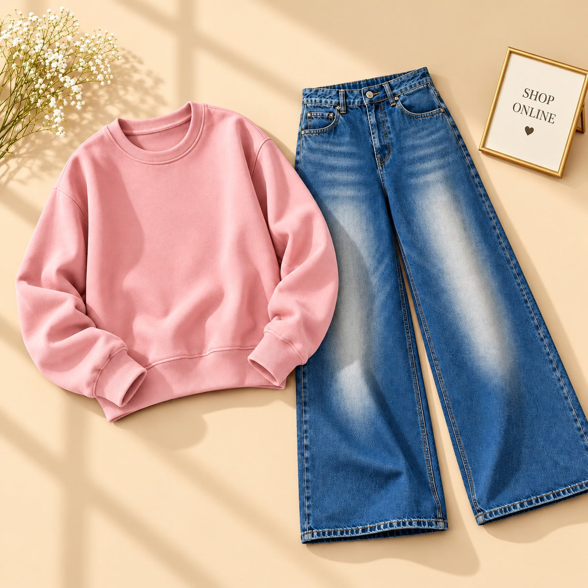 PINK SWEATSHIRT WITH VINTAGE DARK BLUE FADED JEANS