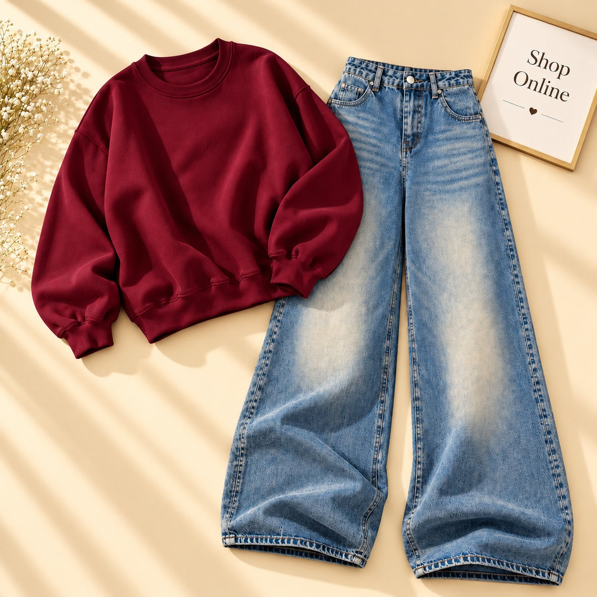 MAROON SWEATSHIRT WITH VINTAGE SKY BLUE FADED JEANS