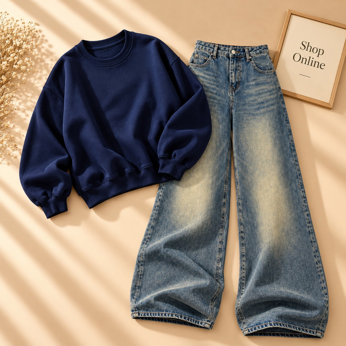NAVY BLUE SWEATSHIRT WITH VINTAGE SKY BLUE FADED JEANS