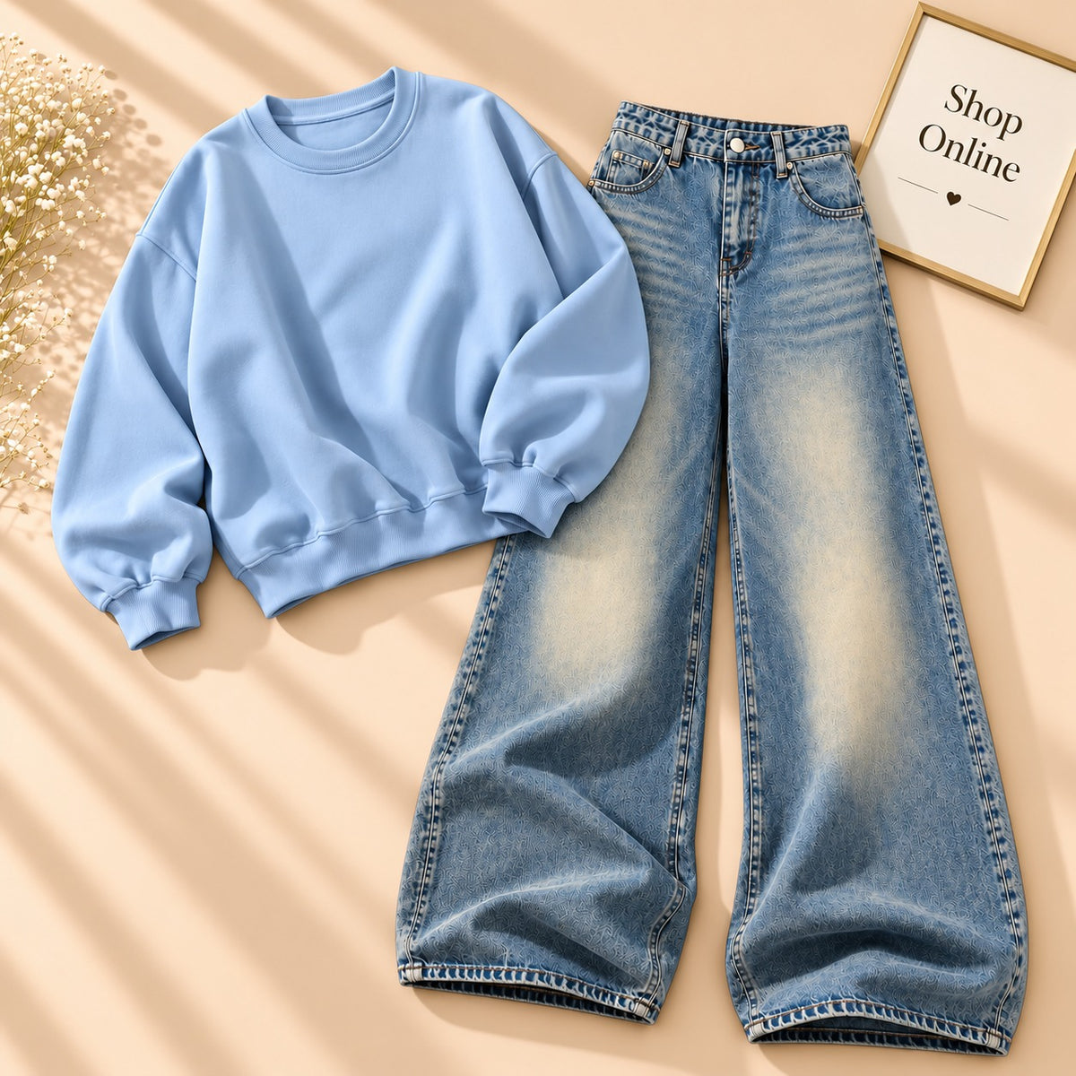 SKY BLUE SWEATSHIRT WITH VINTAGE SKY BLUE FADED JEANS