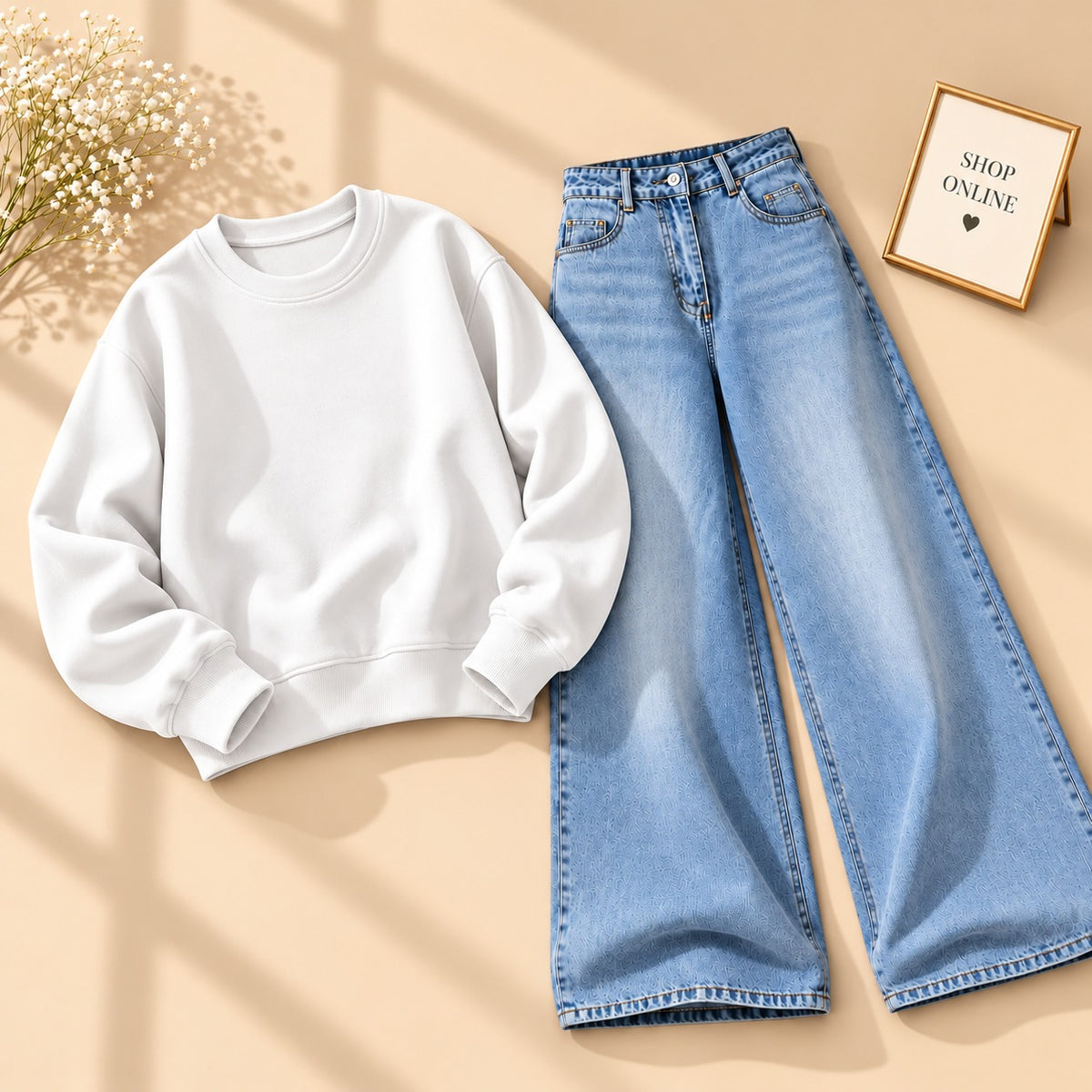 WHITE SWEATSHIRT WITH VINTAGE  ICE BLUE FADED JEANS