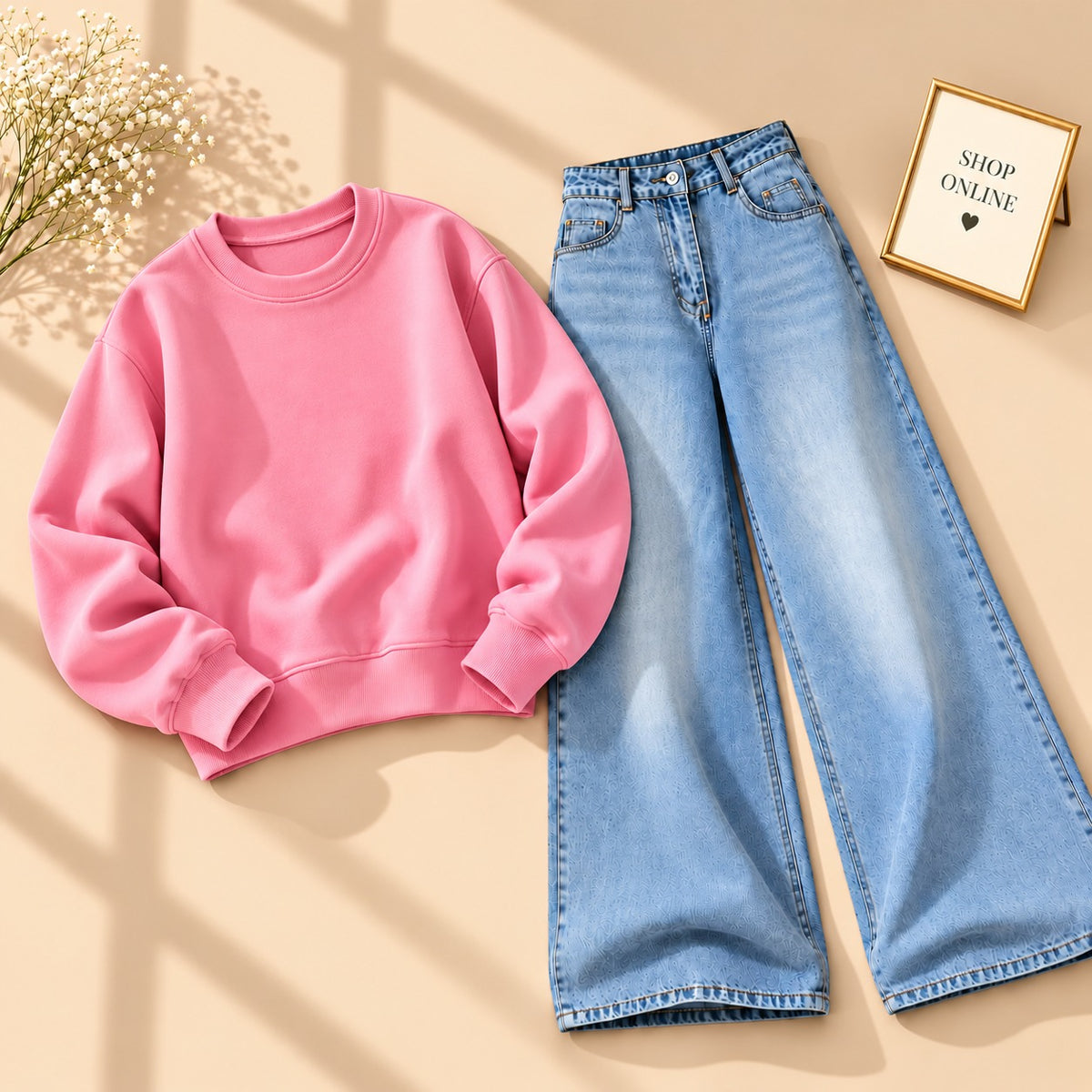 PINK SWEATSHIRT WITH VINTAGE  ICE BLUE FADED JEANS