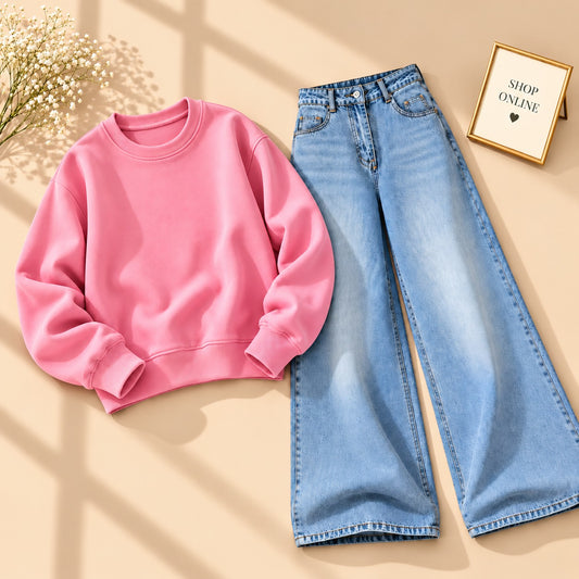 PINK SWEATSHIRT WITH VINTAGE  ICE BLUE FADED JEANS