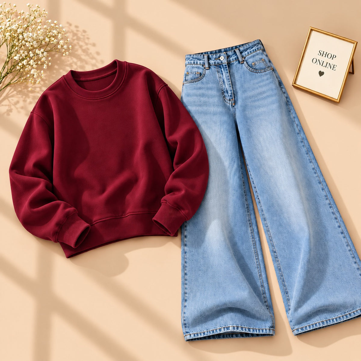 MAROON SWEATSHIRT WITH VINTAGE  ICE BLUE FADED JEANS