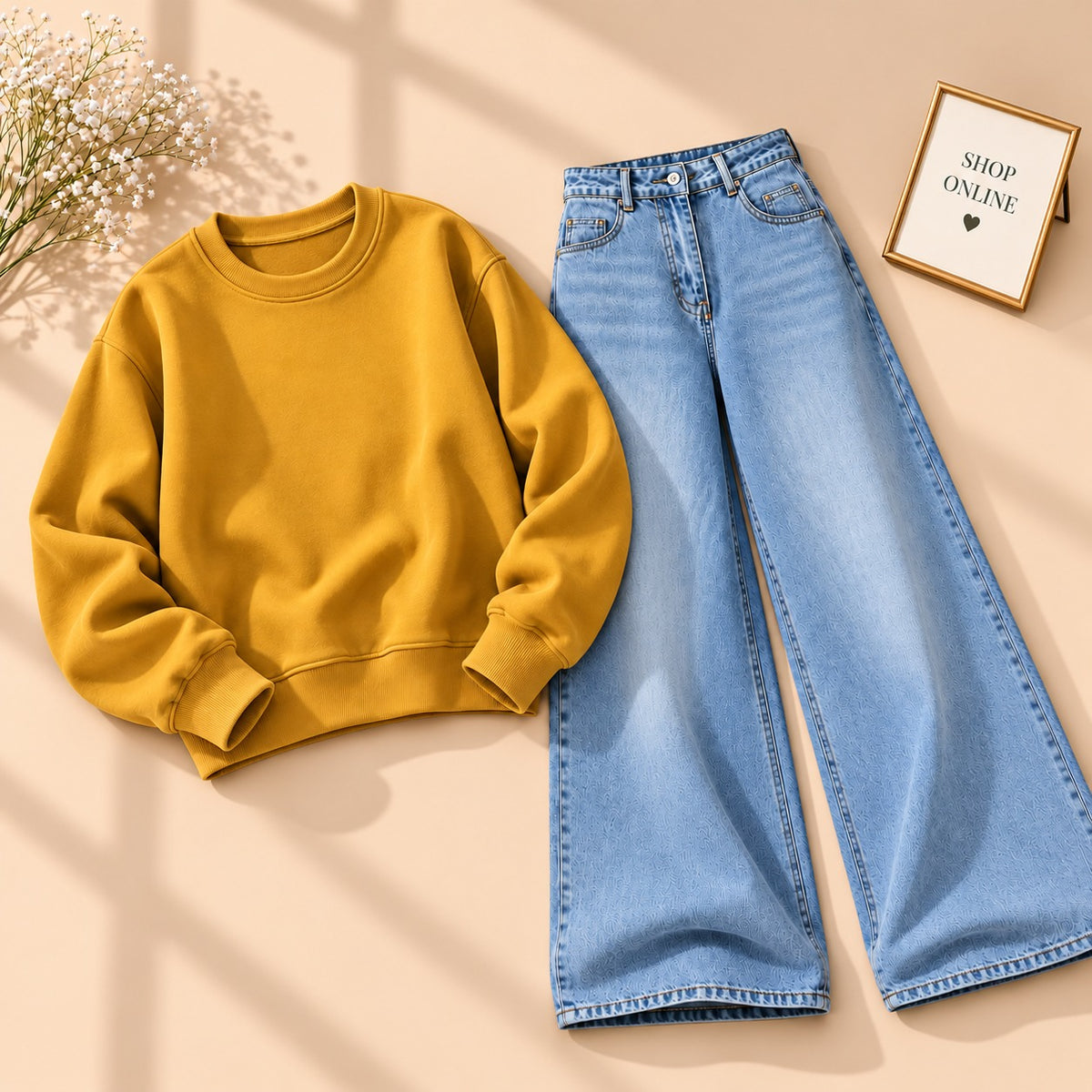 YELLOW SWEATSHIRT WITH VINTAGE  ICE BLUE FADED JEANS