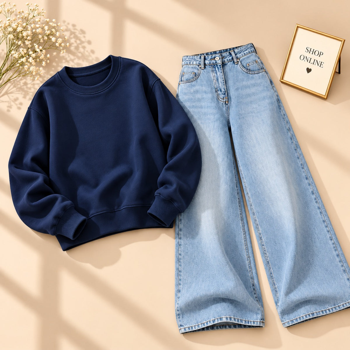 NAVY BLUE SWEATSHIRT WITH VINTAGE  ICE BLUE FADED JEANS