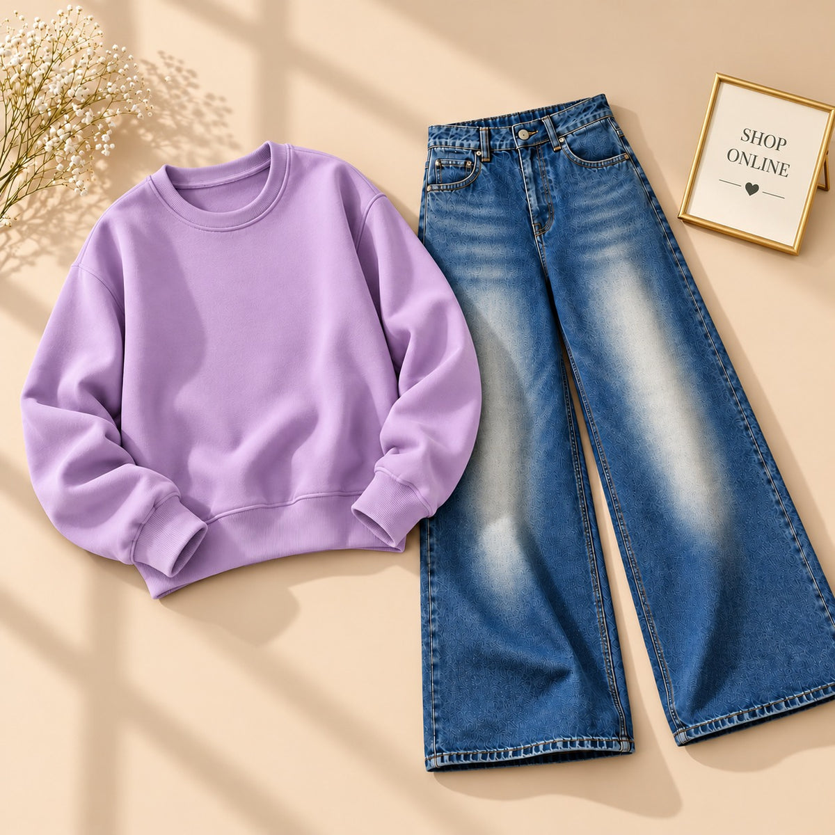 LILAC  SWEATSHIRT WITH VINTAGE DARK BLUE FADED JEANS
