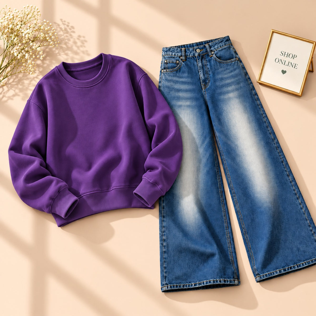 PURPLE SWEATSHIRT WITH VINTAGE DARK BLUE FADED JEANS
