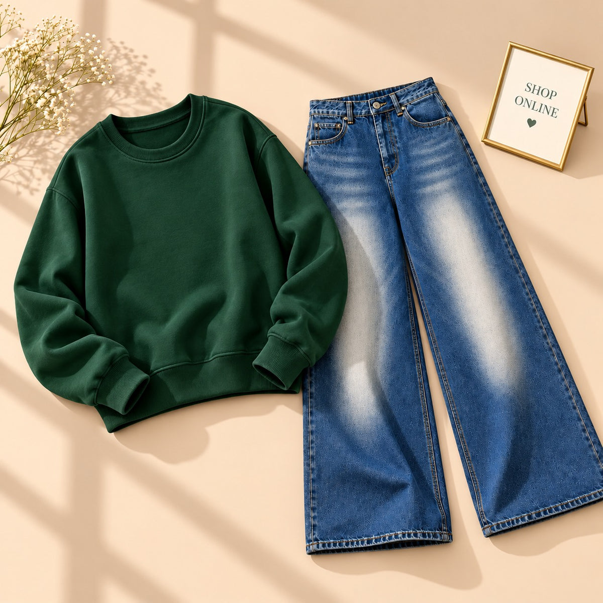 BOTTLE GREEN SWEATSHIRT WITH VINTAGE DARK BLUE FADED JEANS