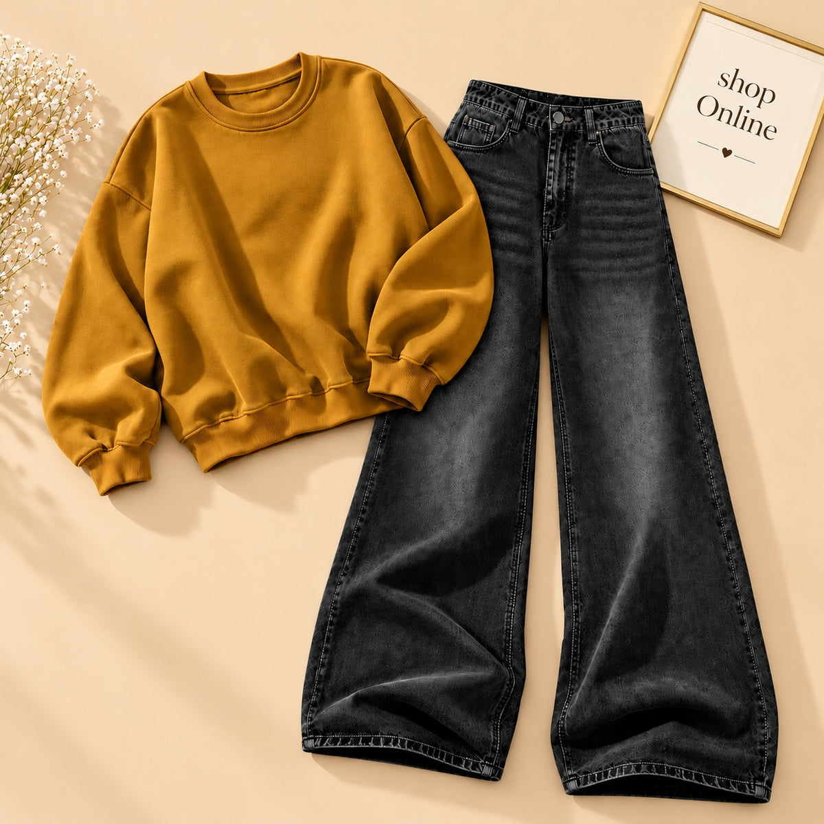MUSTARD SWEATSHIRT WITH VINTAGE BLACK FADED JEANS