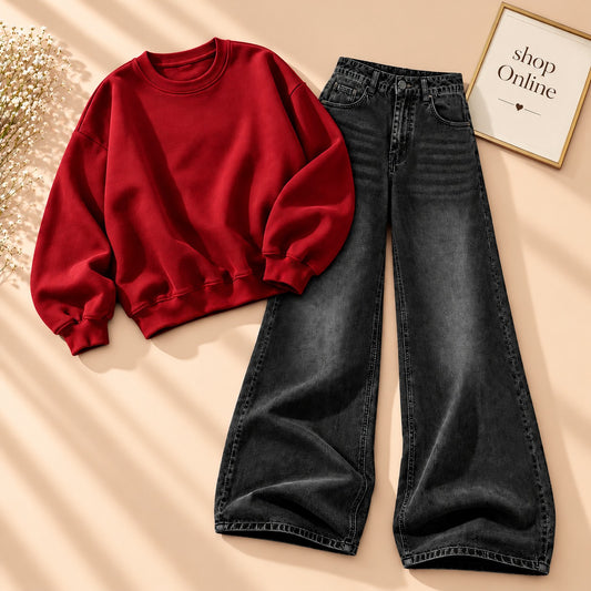 RED SWEATSHIRT WITH VINTAGE BLACK FADED JEANS