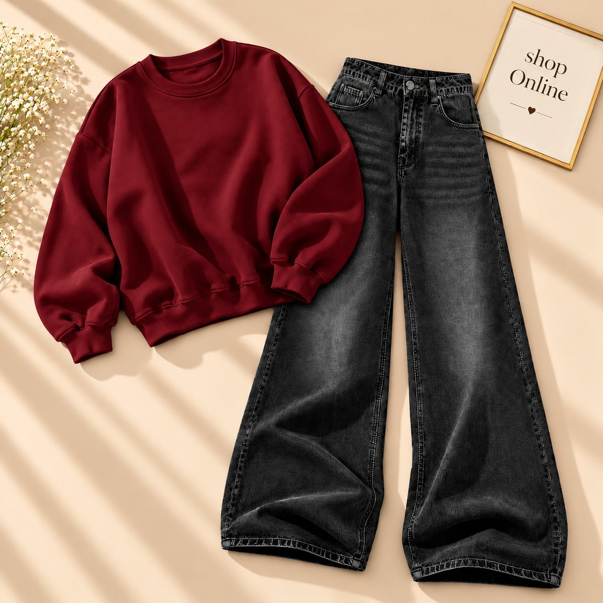 MAROON SWEATSHIRT WITH VINTAGE BLACK FADED JEANS