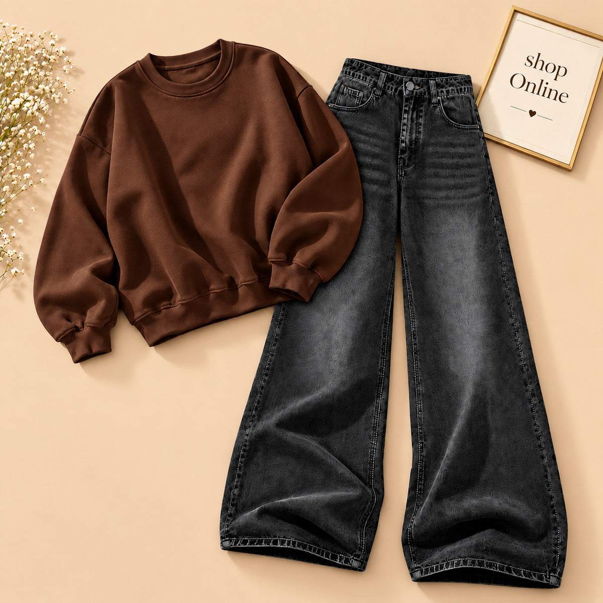 BROWN SWEATSHIRT WITH VINTAGE BLACK FADED JEANS