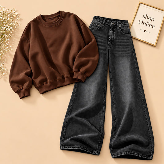 BROWN SWEATSHIRT WITH VINTAGE BLACK FADED JEANS