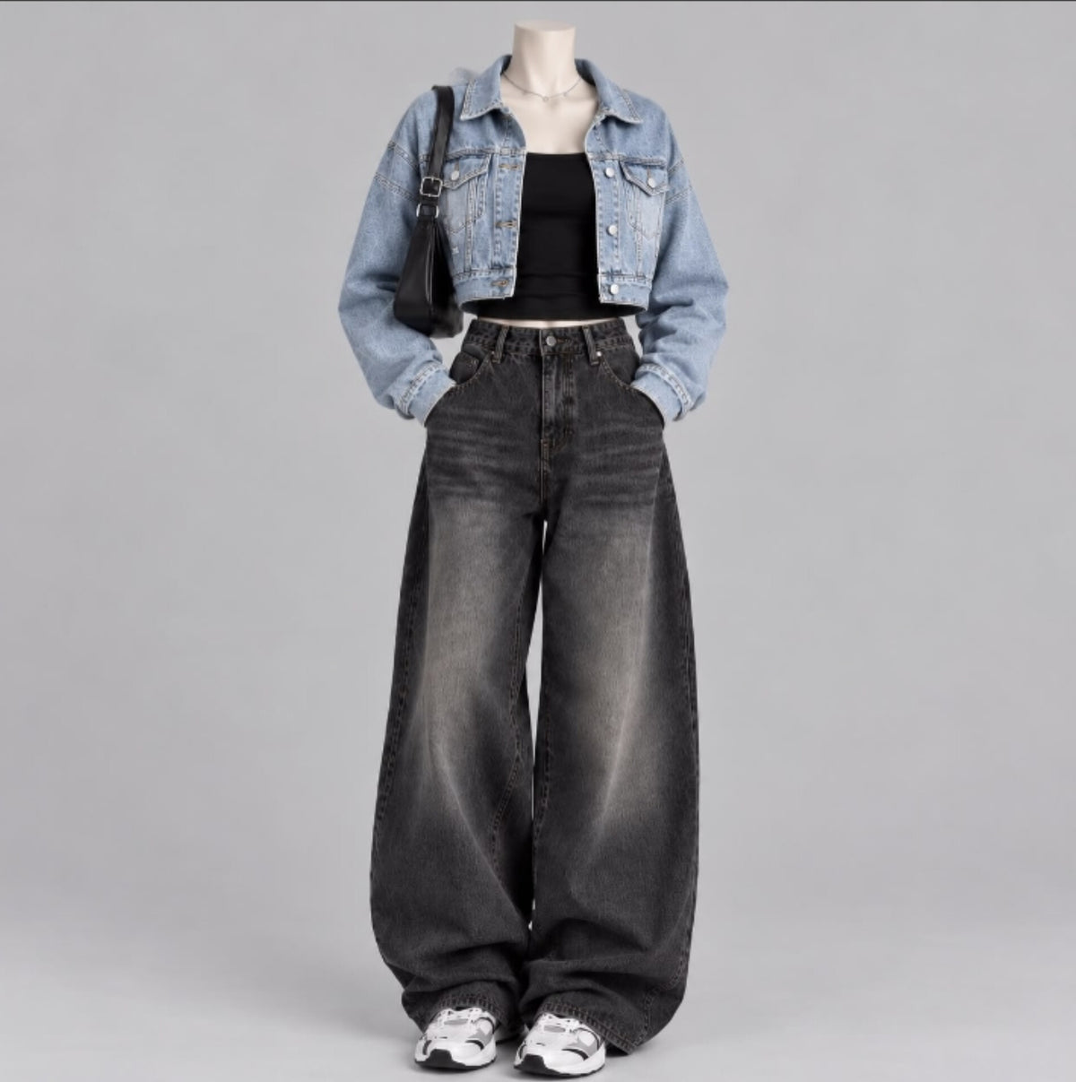 SKY BLUE DENIM JACKET WITH BLACK TANK TOP AND BLACK  FADED JEANS (Copy)