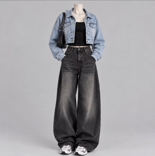 SKY BLUE DENIM JACKET WITH BLACK TANK TOP AND BLACK  FADED JEANS (Copy)