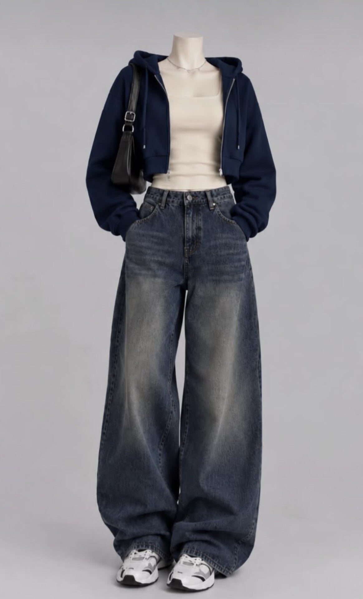 NAVY BLUE CROP ZIP HOODIE WITH WHITE INNER TEE AND VINTAGE DARK BLUE  FADED JEANS