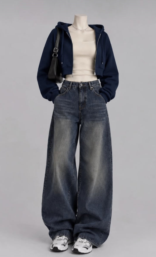 NAVY BLUE CROP ZIP HOODIE WITH WHITE INNER TEE AND VINTAGE DARK BLUE  FADED JEANS