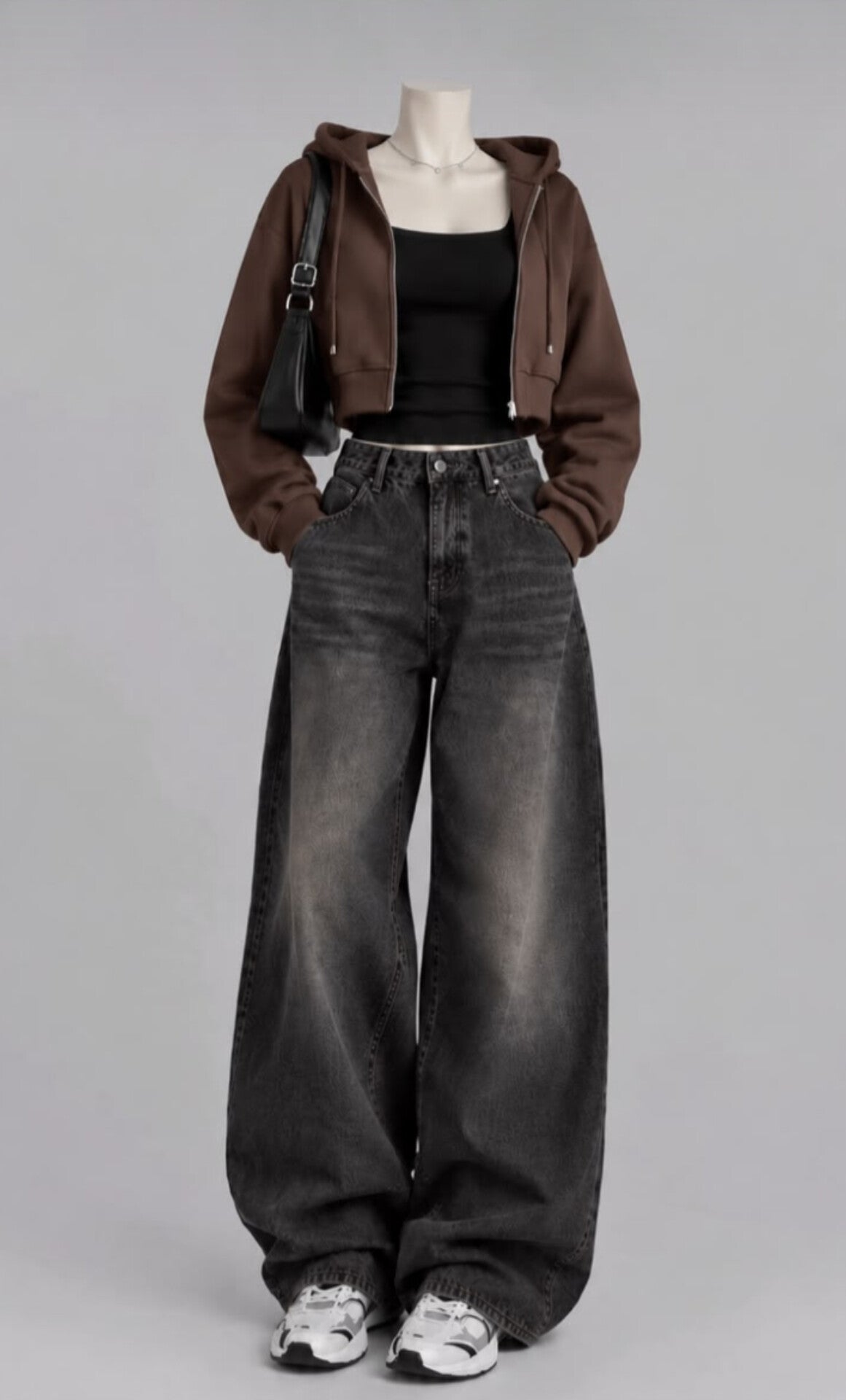 BROWN CROP ZIP HOODIE WITH BLACK INNER TEE AND VINTAGE BLACK  FADED JEANS (Copy)