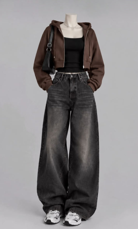 BROWN CROP ZIP HOODIE WITH BLACK INNER TEE AND VINTAGE BLACK  FADED JEANS (Copy)