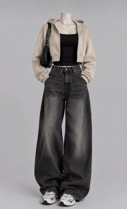 BEIGE CROP ZIP HOODIE WITH BLACK INNER TEE AND VINTAGE BLACK  FADED JEANS (Copy 2)