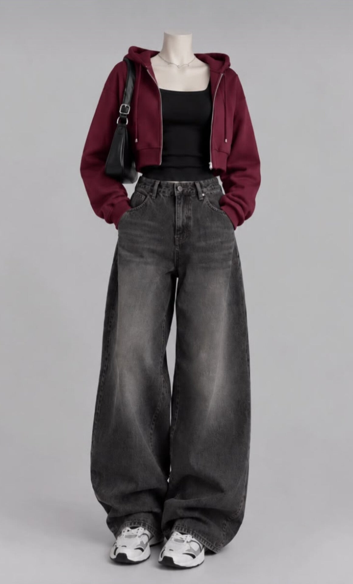 MAROON CROP ZIP HOODIE WITH BLACK INNER TEE AND VINTAGE BLACK  FADED JEANS (Copy 3)