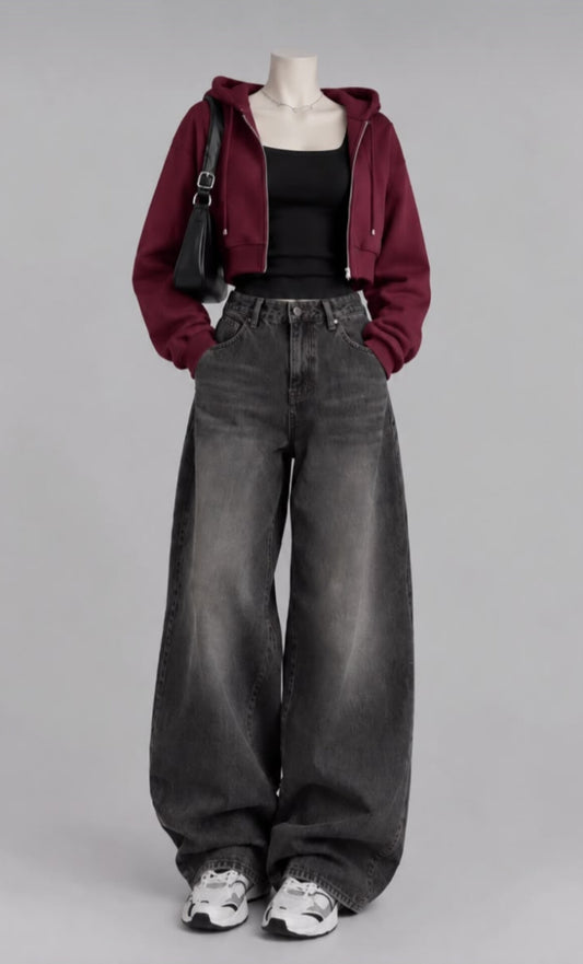 MAROON CROP ZIP HOODIE WITH BLACK INNER TEE AND VINTAGE BLACK  FADED JEANS (Copy 3)