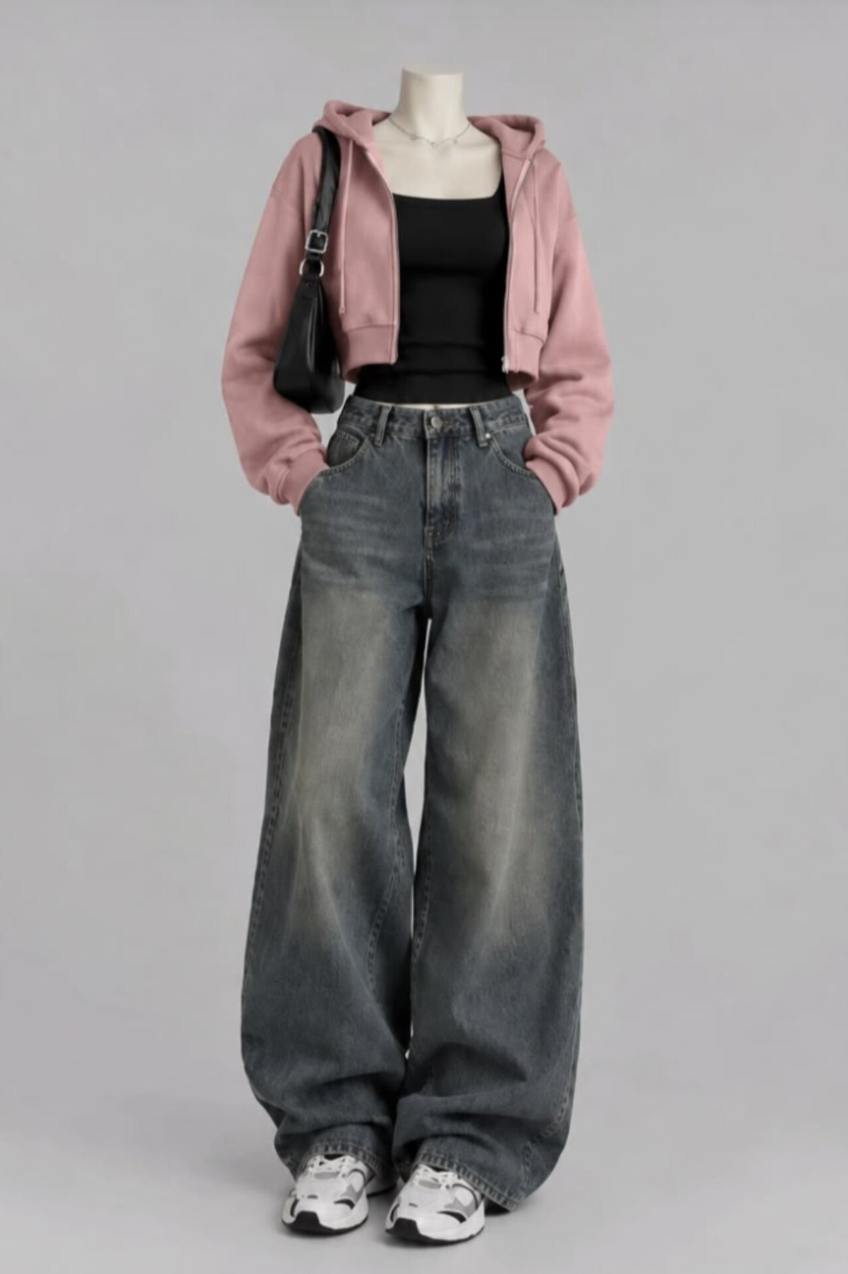 PINK CROP ZIP HOODIE WITH BLACK INNER TEE AND VINTAGE DARK BLUE FADED JEANS (Copy 4)
