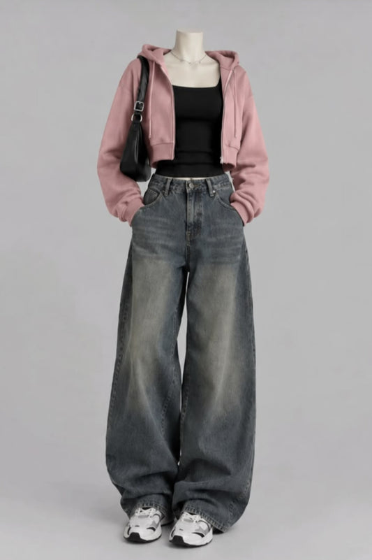 PINK CROP ZIP HOODIE WITH BLACK INNER TEE AND VINTAGE DARK BLUE FADED JEANS (Copy 4)