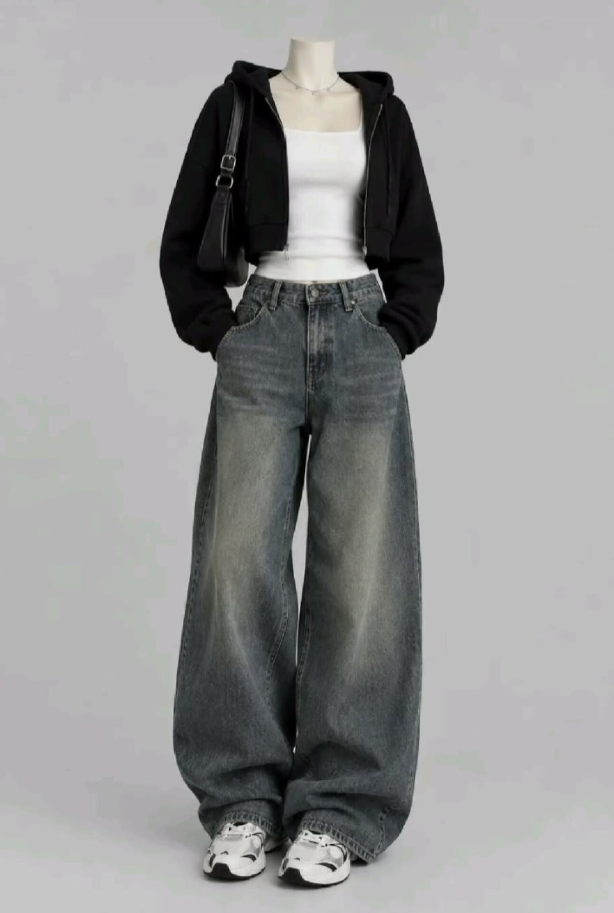BLACK CROP ZIP HOODIE WITH WHITE INNER TEE AND VINTAGE DARK BLUE FADED JEANS (Copy 5)