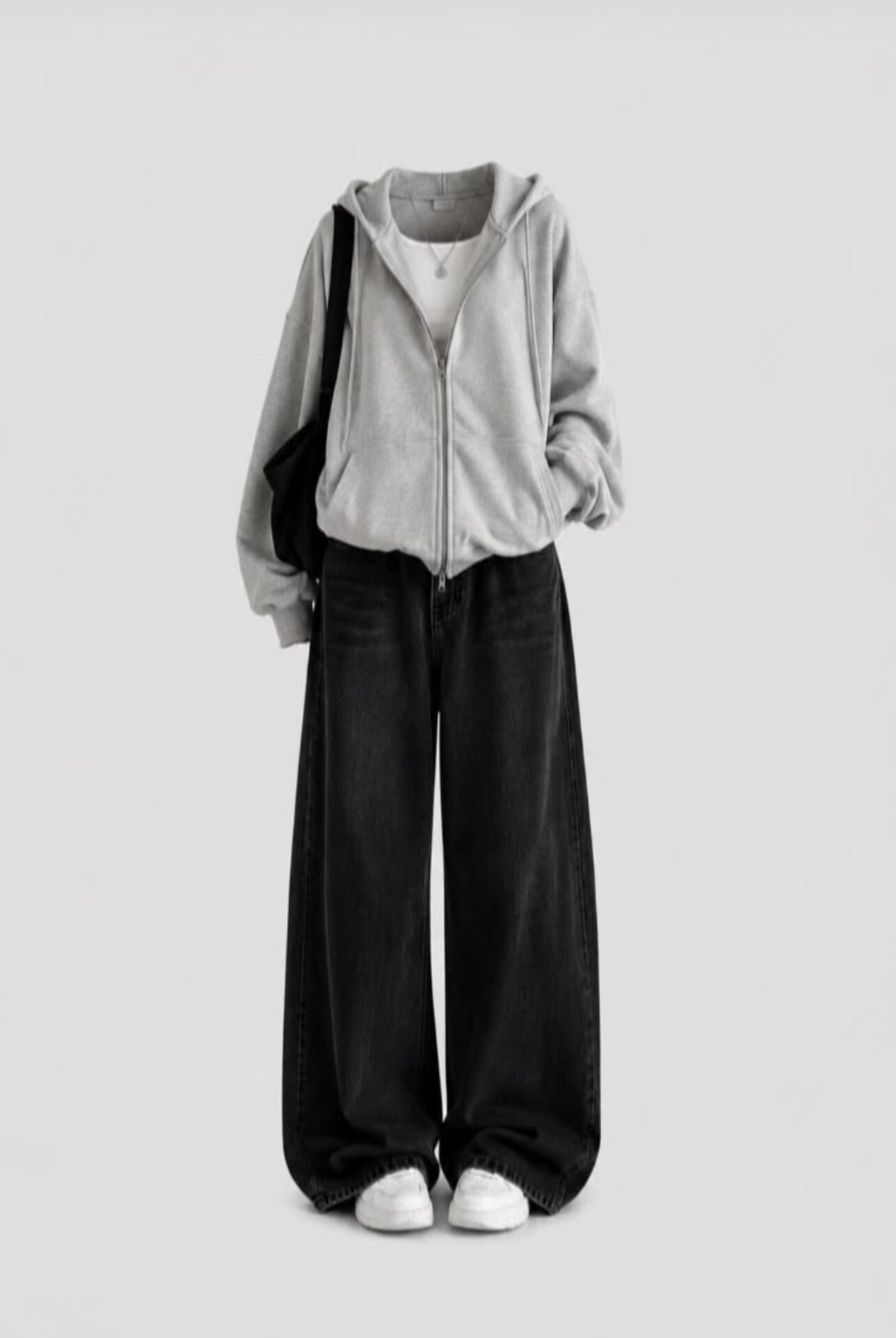 GRAY ZIP HOODIE WITH WHITE INNER TEE AND BLACK WIDE LEG JEANS (Copy 7)