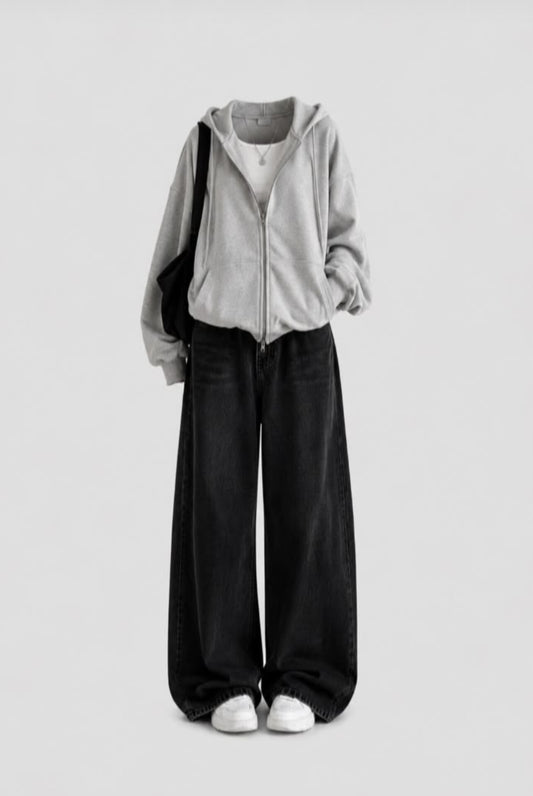 GRAY ZIP HOODIE WITH WHITE INNER TEE AND BLACK WIDE LEG JEANS (Copy 7)
