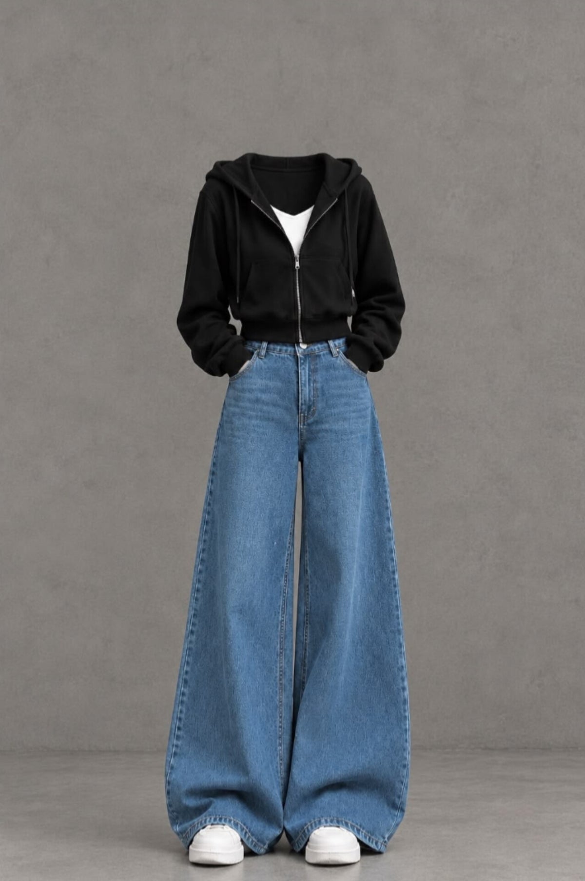 BLACK ZIPPER HOODIE WITH WHITE INNER TEE AND SKY BLUE  JEANS
