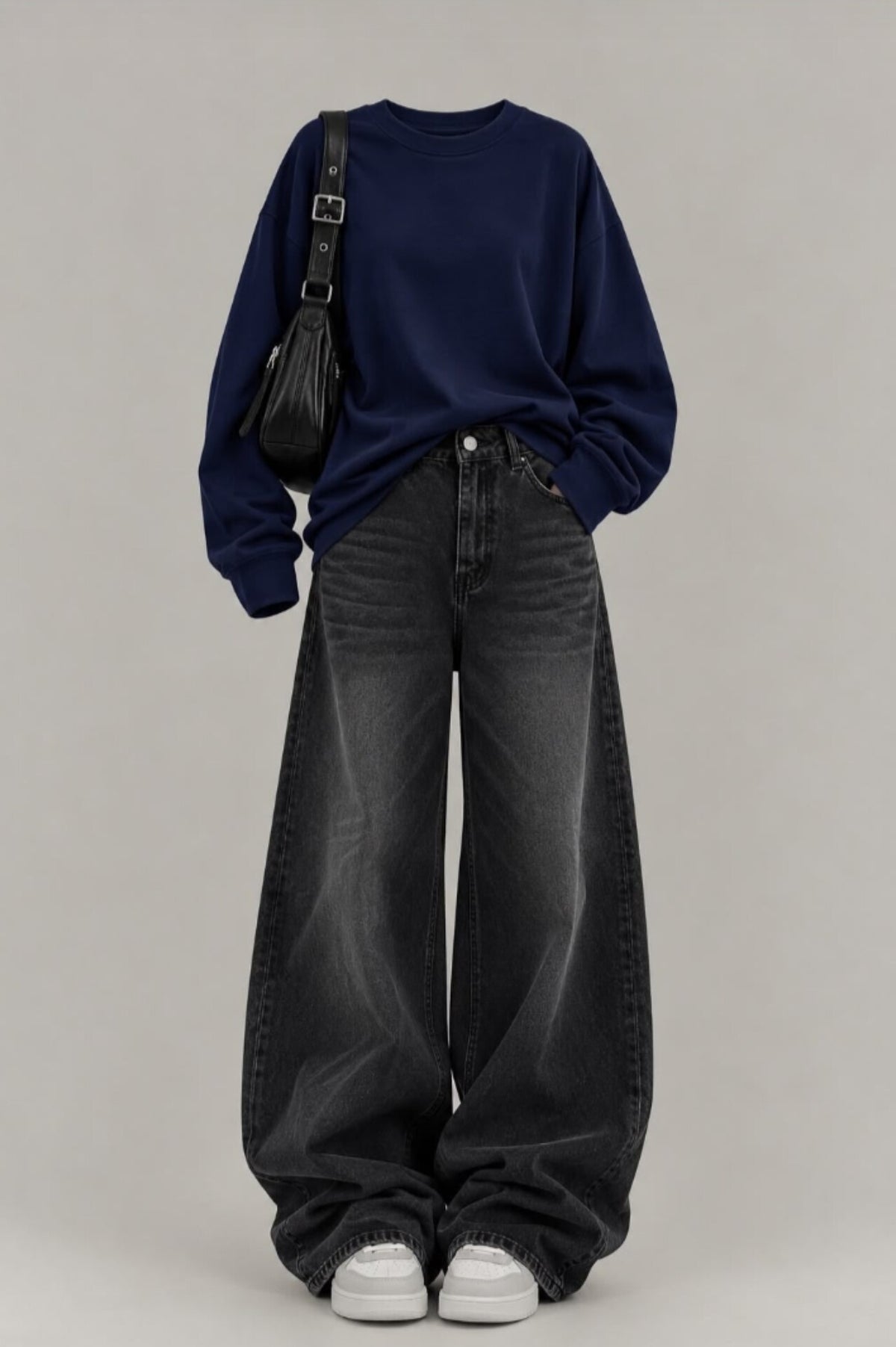 NAVY BLUE SWEATSHIRT WITH VINTAGE BLACK FADED JEANS