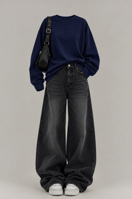 NAVY BLUE SWEATSHIRT WITH VINTAGE BLACK FADED JEANS