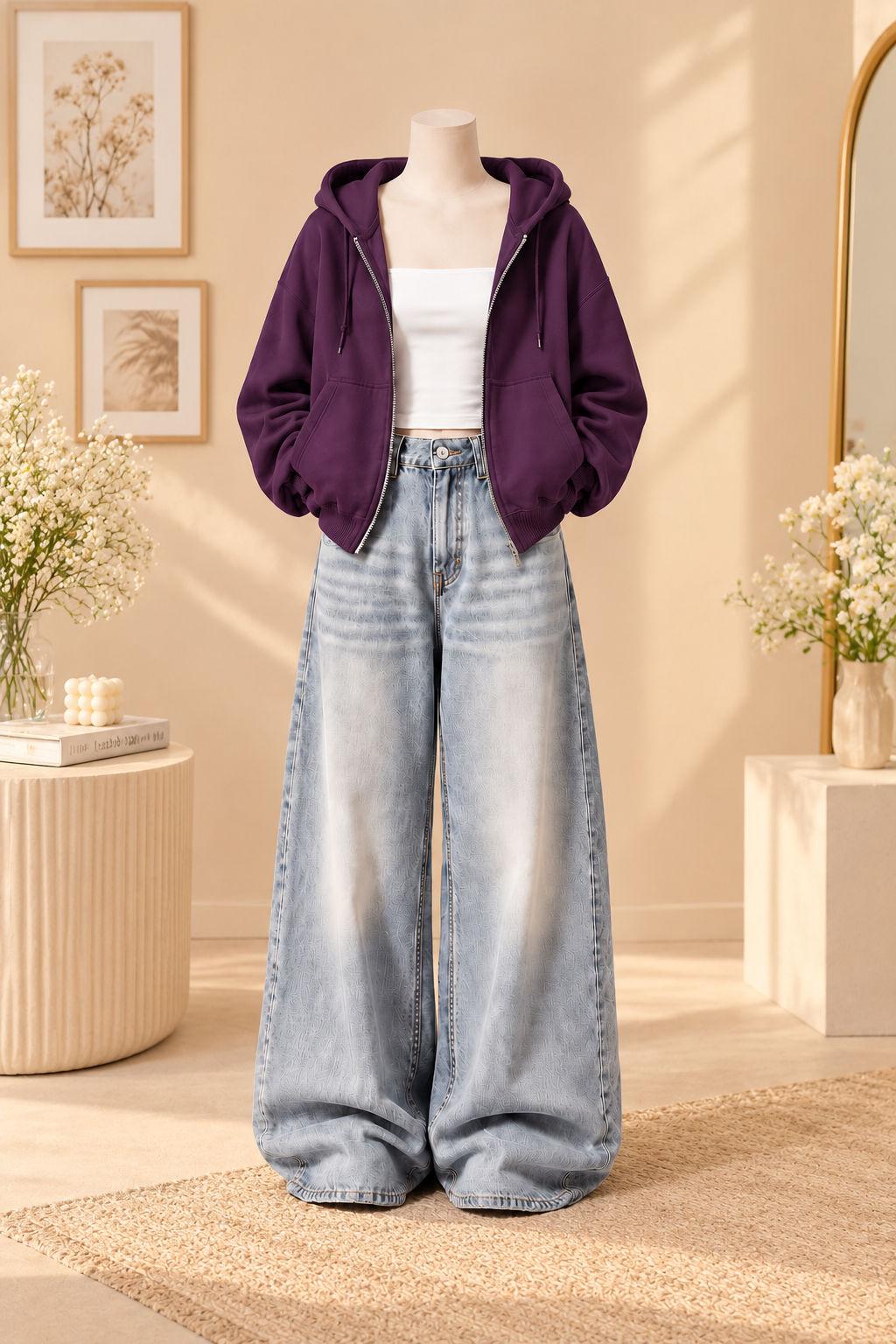 DARK PURPLE ZIPPER HOODIE WITH WHITE TANK TOP AND ICE BLUE VINTAGE FADED WIDE  LEG  JEANS (Copy 3)