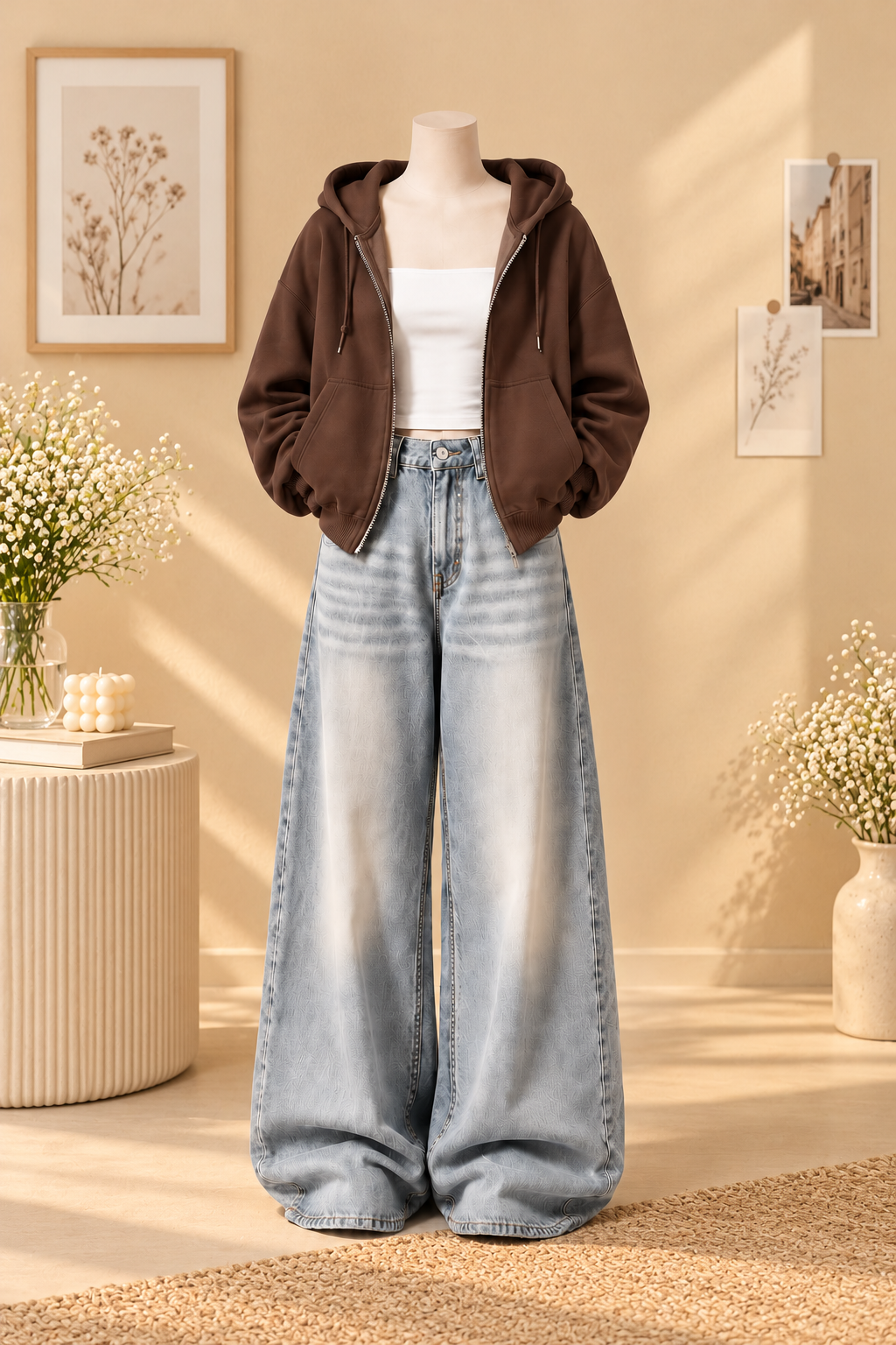 BROWN ZIPPER HOODIE WITH WHITE TANK TOP AND ICE BLUE VINTAGE FADED WIDE  LEG  JEANS (Copy 2)