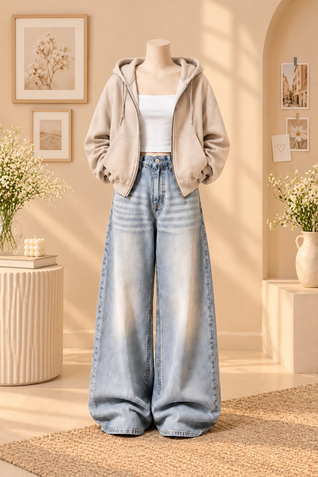 BEIGE ZIPPER HOODIE WITH WHITE TANK TOP AND ICE BLUE VINTAGE FADED WIDE  LEG  JEANS (Copy)