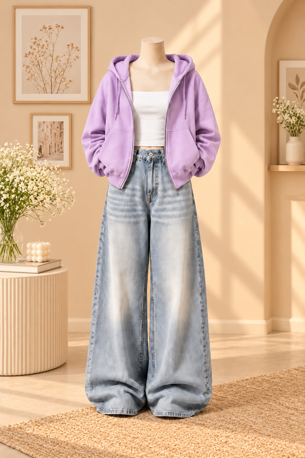 LILAC ZIPPER HOODIE WITH WHITE TANK TOP AND ICE BLUE VINTAGE FADED WIDE  LEG  JEANS