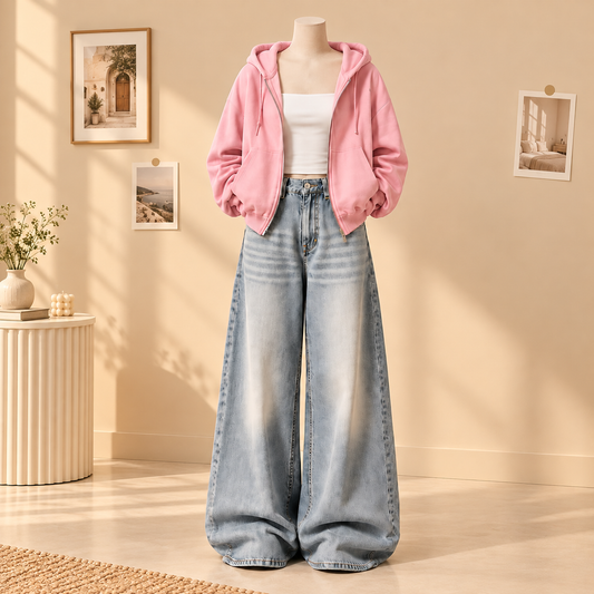 PINK ZIPPER HOODIE WITH WHITE TANK TOP AND ICE BLUE VINTAGE FADED WIDE  LEG  JEANS (Copy 4)