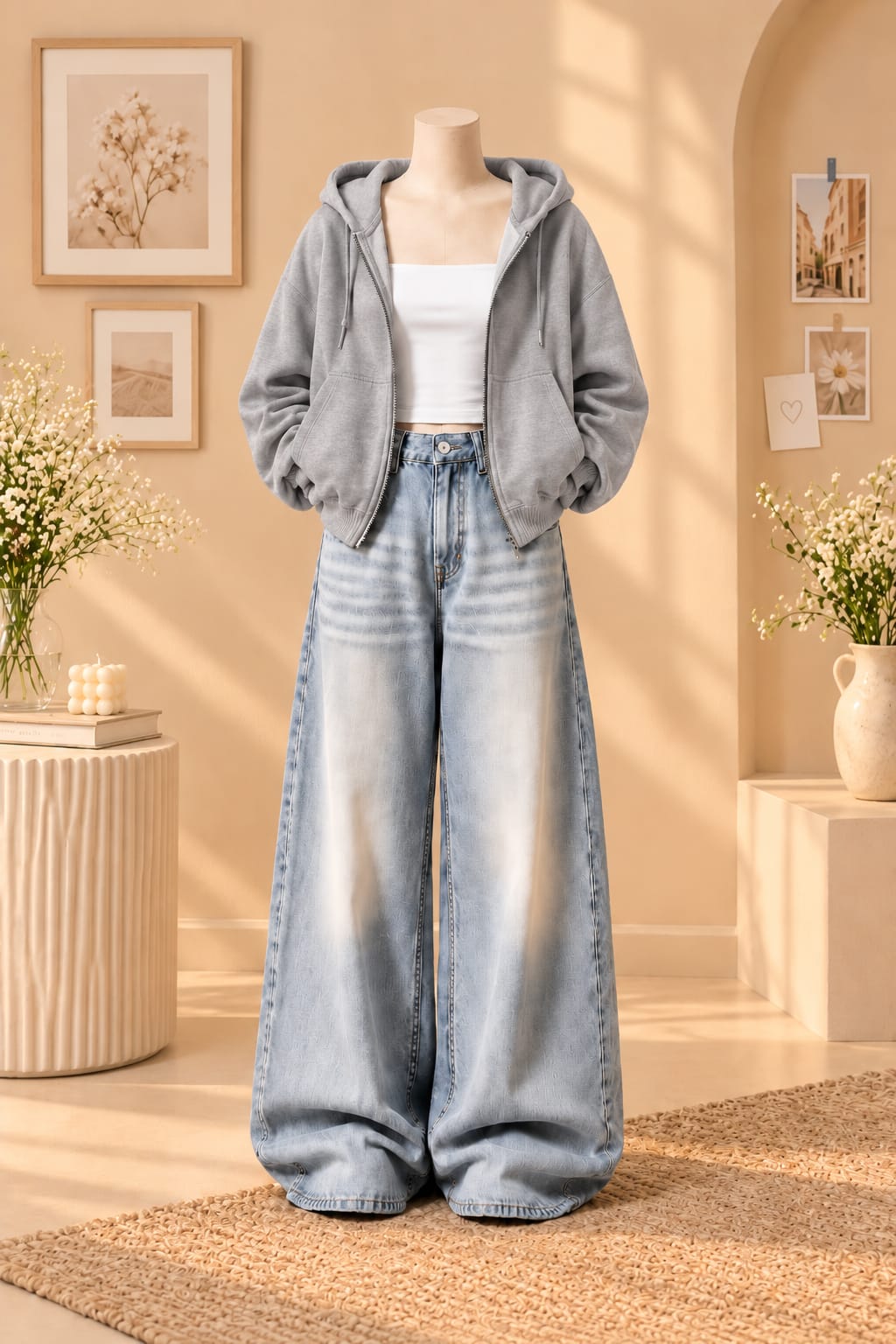 GRAY ZIPPER HOODIE WITH WHITE TANK TOP AND ICE BLUE VINTAGE FADED WIDE  LEG  JEANS (Copy 5)