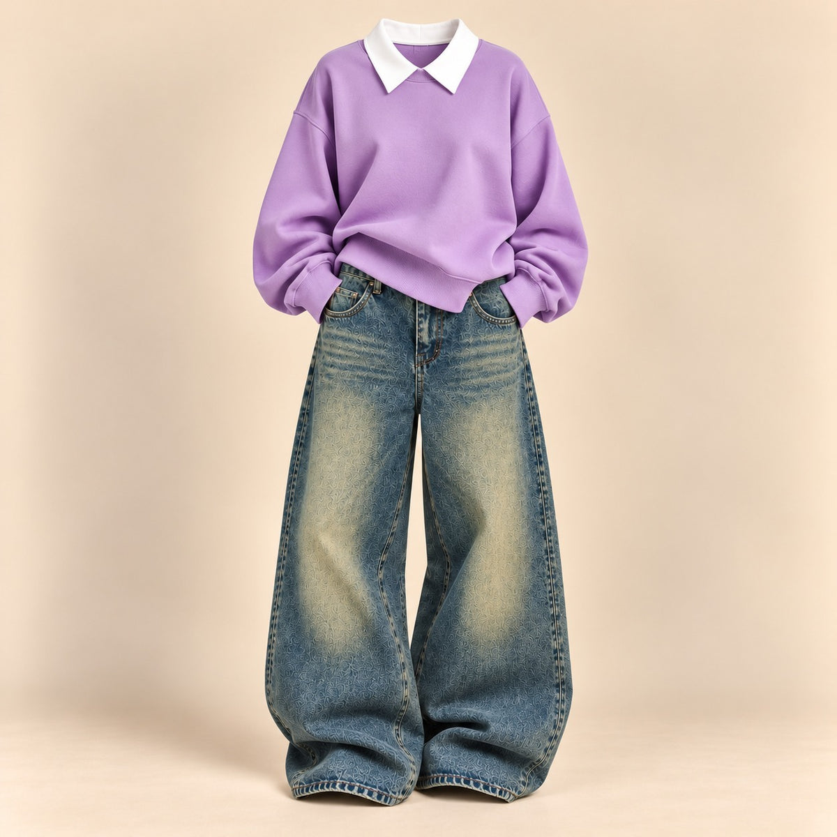 LILAC COLLAR SWEATSHIRT WITH GREENISH WALI VINTAGE FADED JEANS
